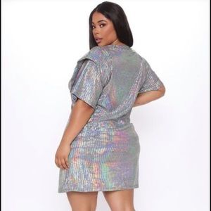 Silver Tall Shimmy Shoulder Pad Mini Dress - 2X